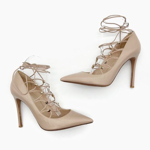 VALENTINO Rockstud Ankle Tie Wrap Strap Heels Size 40 Pointed Toe Leather Pumps - Picture 2 of 11